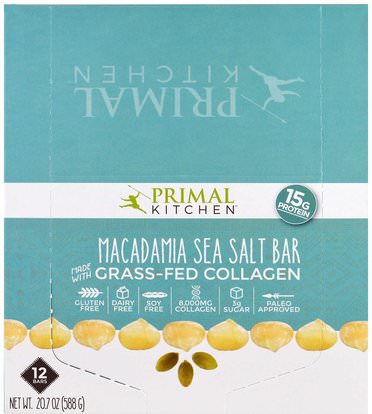 Primal Kitchen, Macadamia Sea Salt, Grass-Fed Collagen, 12 Bars, 1.7 oz (49 g) Each ,الصحة، العظام، هشاشة العظام، الكولاجين