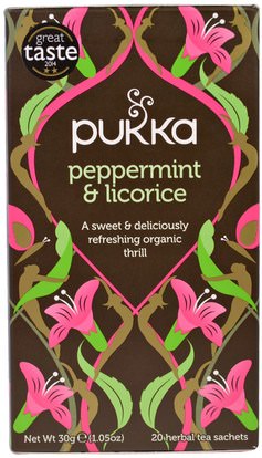 Pukka Herbs, Peppermint & Licorice Herbal Tea, Caffeine Free, 20 Tea Sachets, 1.05 oz (30 g) ,المكملات الغذائية، أدابتوغن