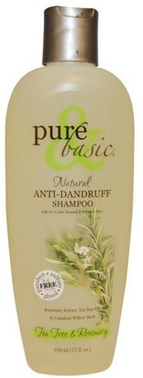 Pure & Basic, Natural Anti-Dandruff Shampoo, Tea Tree & Rosemary, 12 fl oz (350 ml) ,حمام، الجمال، الشامبو، الشعر، فروة الرأس، مكيف