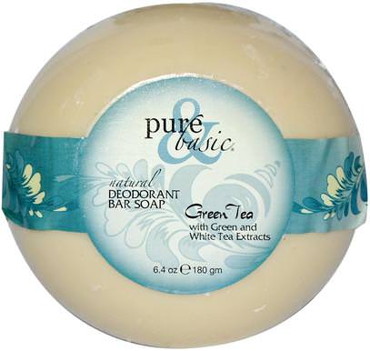 Pure & Basic, Natural Deodorant Bar Soap, Green Tea, 6.4 oz (180 g) Bar ,حمام، الجمال، الصابون