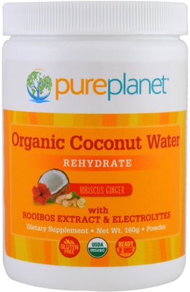 Pure Planet, Organic Coconut Water, Rehydrate, Hibiscus Ginger, 160 g ,والمكملات الغذائية والأغذية وجوز الهند كله، ماء جوز الهند