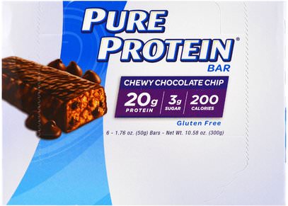 Pure Protein, Chew Chocolate Chip Bar, 6 Bars, 1.76 oz (50 g) Each ,والرياضة، والبروتين أشرطة