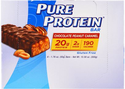 Pure Protein, Chocolate Peanut Caramel Bars, 6 Bars, 1.76 oz (50 g) Each ,والرياضة، والبروتين أشرطة