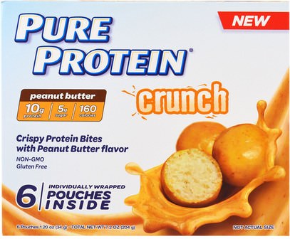 Pure Protein, Crunch, Peanut Butter Bites, 6 Individually Wrapped Pouches, 1.20 oz (34 g) Each ,الطعام، الوجبات الخفيفة، بروتين
