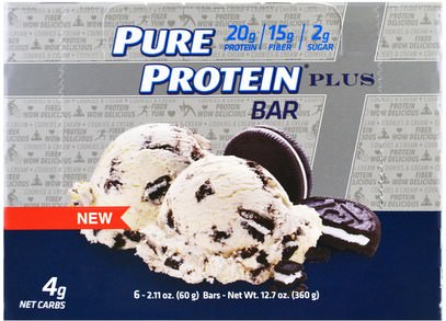 Pure Protein, Plus Bar, Cookies & Cream, 6 Bars, 2.11 oz (60 g) Each ,والرياضة، والبروتين أشرطة