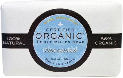 Pure Provence Organic, Certified Organic Triple Milled Soap, Unscented, 5.3 oz (150 g) ,حمام، الجمال، الصابون