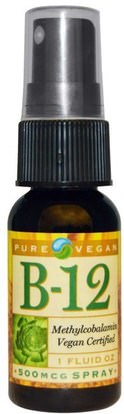 Pure Vegan, B-12, Spray, 500 mcg, 1 fl oz ,الفيتامينات، فيتامين b12