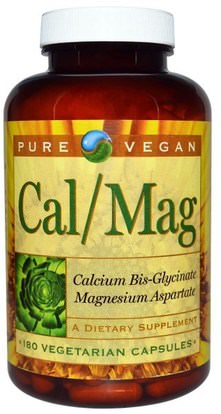 Pure Vegan, Cal/Mag, 180 Veggie Caps ,والمكملات الغذائية، والمعادن، والكالسيوم والمغنيسيوم