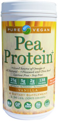 Pure Vegan, Pea Protein, Vanilla, 2.34 lbs (1065 g) ,المكملات الغذائية، البروتين، بروتين البازلاء