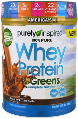 Purely Inspired, 100% Pure Whey Protein & Greens, Decadent Chocolate, 1.5 lbs (680 g) ,والرياضة، والمكملات الغذائية، بروتين مصل اللبن