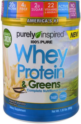 Purely Inspired, 100% Pure Whey Protein & Greens, French Vanilla, 1.5 lbs (680 g) ,والرياضة، والمكملات الغذائية، بروتين مصل اللبن