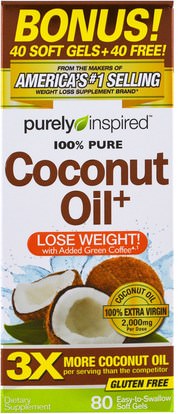 Purely Inspired, Coconut Oil+, 80 Easy-to-Swallow Soft Gels ,الغذاء، كيتو ودية، زيت جوز الهند
