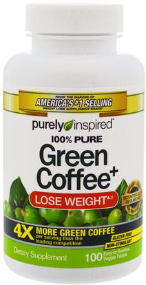 Purely Inspired, Green Coffee+, 100 Veggie Tabs ,والمكملات الغذائية، ومضادات الأكسدة، واستخراج حبوب البن الخضراء