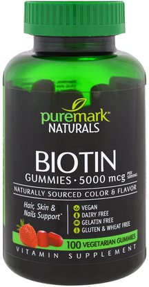 PureMark Naturals, Biotin, 5000 mcg, 100 Veggie Gummies ,الصحة، المرأة، الجلد، مكملات الشعر، مكملات الأظافر، ملاحق الجلد