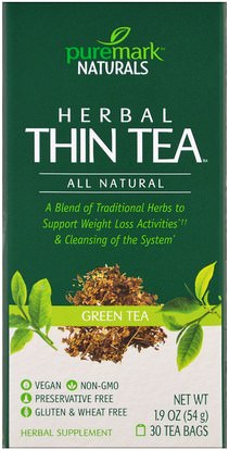 PureMark Naturals, Herbal Thin Tea, Green Tea, 30 Tea Bags, 1.9 oz (54 g) ,المكملات الغذائية، مضادات الأكسدة، الشاي الأخضر
