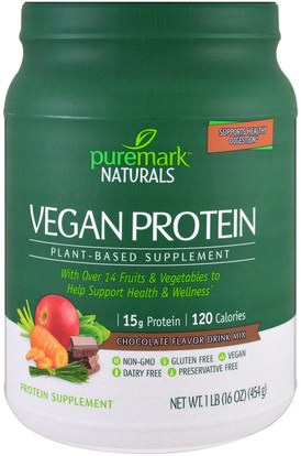 PureMark Naturals, Vegan Protein, Plant-Based Supplement, Chocolate Flavor Drink Mix, 16 oz (454 g) ,والمكملات الغذائية، والبروتين