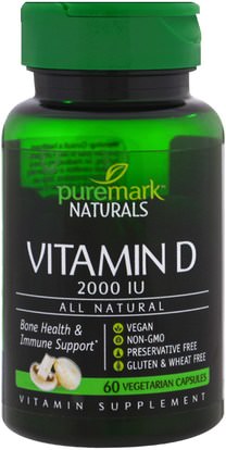 PureMark Naturals, Vitamin D, 2000 IU, 60 Vegetarian Capsules ,الفيتامينات، فيتامين d3