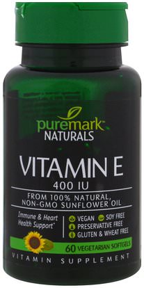 PureMark Naturals, Vitamin E, 400 IU, 60 Vegetarian Softgels ,الفيتامينات، فيتامين e