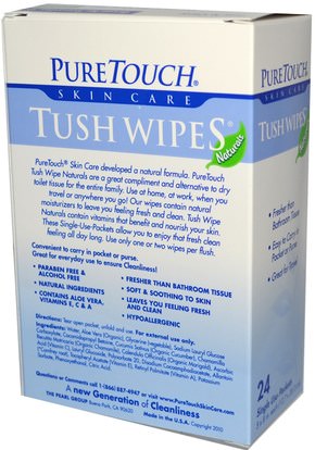 PureTouch Skin Care, Individual Flushable Moist Tush Wipes, 24 Single Use Packets ,حمام، الجمال، الأنسجة المرحاض