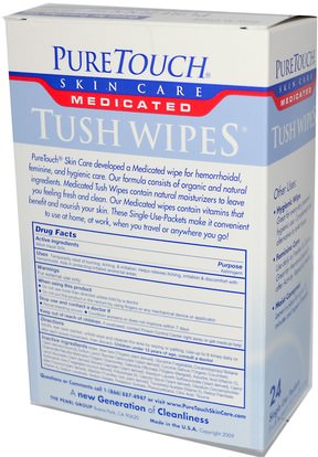 PureTouch Skin Care, Medicated Tush Wipes, 24 Single Use Packets, 5 in x 8 in Each ,حمام، الجمال، الأنسجة المرحاض