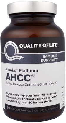 Quality of Life Labs, Kinoko Platinum AHCC, Immune Support, 750 mg, 60 Veggie Caps ,والمكملات الغذائية، والفطر الطبية، أهك، والصحة، والدعم المناعي