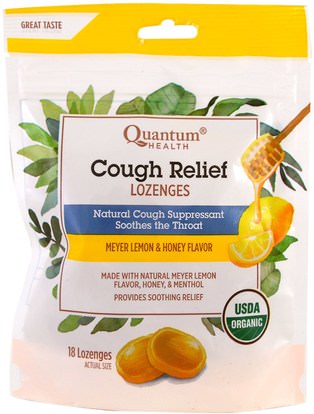 Quantum Health, Cough Relief, Lozenges, Meyer Lemon & Honey Flavor, 18 Lozenges ,والصحة، والرئة والقصبات الهوائية، والسعال قطرات