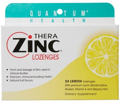 Quantum Health, Thera Zinc Lozenges, Cold Season +, Lemon, 24 Lozenges ,المكملات الغذائية، المعادن، الزنك معينات، الصحة، البرد والانفلونزا
