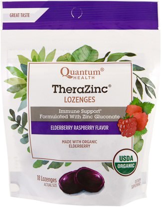Quantum Health, TheraZinc, Lozenges, Elderberry Raspberry Flavor, 18 Lozenges ,والصحة، والرئة والقصبات الهوائية، والسعال قطرات