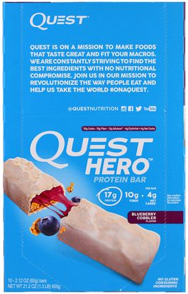 Quest Nutrition, Hero Protein Bar, Blueberry Cobbler, 10 Bars, 2.12 oz (60 g) Each ,والمكملات الغذائية، والحانات الغذائية، والرياضة
