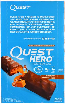 Quest Nutrition, Hero Protein Bar, Chocolate Caramel Pecan, 10 Bars, 2.12 oz (60 g) Each ,والمكملات الغذائية، والحانات الغذائية، والرياضة