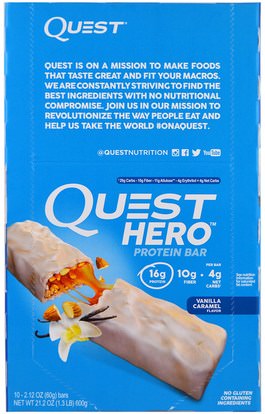 Quest Nutrition, Hero Protein Bar, Vanilla Caramel, 10 Bars, 2.12 oz (60g) Each ,والمكملات الغذائية، والحانات الغذائية، والرياضة
