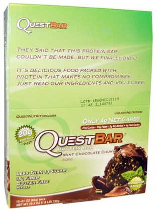 Quest Nutrition, Quest Bar, Protein Bar, Mint Chocolate, 12 Bars, 2.1 oz (60 g) Each ,والرياضة، والبروتين أشرطة