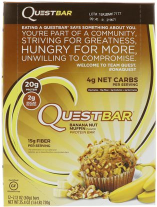 Quest Nutrition, QuestBar, Protein Bar, Banana Nut Muffin, 12 Bars, 2.1 oz (60 g) Each ,والرياضة، والبروتين أشرطة