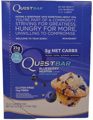 Quest Nutrition, QuestBar, Protein Bar, Blueberry Muffin, 12 Bars, 2.1 oz (60 g) Each ,المكملات الغذائية، الحانات الغذائية، أشرطة البروتين