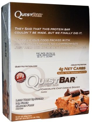 Quest Nutrition, QuestBar, Protein Bar, Chocolate Chip Cookie Dough, 12 Bars, 2.1 oz (60 g) Each ,والرياضة، والبروتين أشرطة