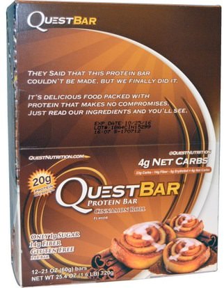 Quest Nutrition, QuestBar, Protein Bar, Cinnamon Roll, 12 Bars, 2.1 oz (60 g) Each ,والرياضة، والبروتين أشرطة