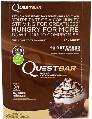 Quest Nutrition, QuestBar, Protein Bar, Mocha Chocolate Chip, 12 Bars, 2.12 oz (60 g) Each ,والمكملات الغذائية، والحانات الغذائية، والرياضة