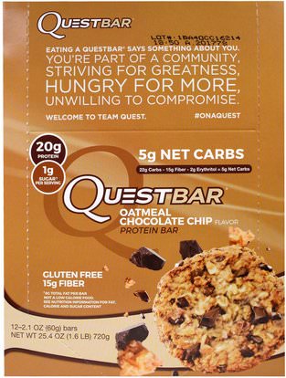 Quest Nutrition, QuestBar, Protein Bar, Oatmeal Chocolate Chip, 12 Bars, 2.1 oz (60 g) Each ,المكملات الغذائية، الحانات الغذائية، أشرطة البروتين
