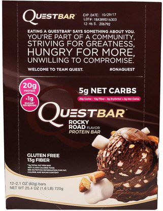 Quest Nutrition, QuestBar, Protein Bar, Rocky Road, 12 Bars, 2.1 oz (60 g) Each ,المكملات الغذائية، الحانات الغذائية، أشرطة البروتين