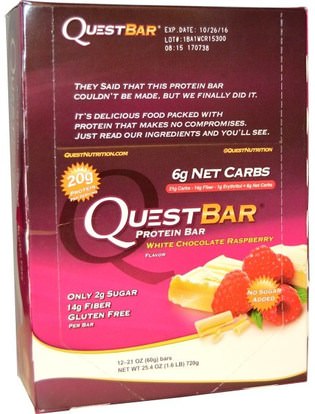 Quest Nutrition, QuestBar, Protein Bar, White Chocolate Raspberry, 12 Bars, 2.1 oz (60 g) Each ,والرياضة، والبروتين أشرطة