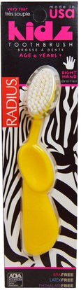 RADIUS, Kidz Toothbrush, Very Soft, 6yrs+. Right Hand, Yellow, 1 Toothbrush ,حمام، الجمال، شفهي، الأسنان، تهتم، فرشاة أسنان