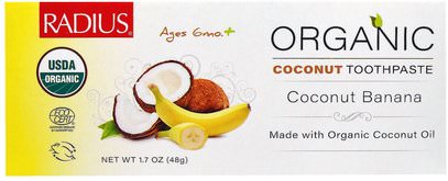 RADIUS, USDA Organic Childrens Coconut Toothpaste, Coconut Banana, 6 Months +, 1.7 oz (48 g) ,حمام، الجمال، معجون الأسنان، والأطفال ومعجون الأسنان الطفل