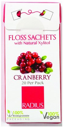 RADIUS, Vegan Xylitol Cranberry Floss Sachets, 20 Pack ,حمام، الجمال، العناية بالأسنان عن طريق الفم، الخيط نصف قطرها، خيط الأسنان