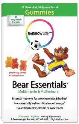 Rainbow Light, Bear Essentials, Multivitamin & Multimineral, Gummies, Strawberry, Orange, & Lemon Flavors, 3 Gummies Per Packet, 90 Gummies ,الفيتامينات، الفيتامينات المتعددة، الأطفال الفيتامينات، منتجات حساسة للحرارة