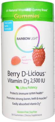 Rainbow Light, Berry D-Licious, Vitamin D3, Raspberry Flavor, 2,500 IU, 50 Gummies ,المنتجات الحساسة للحرارة، الفيتامينات، فيتامين د غوميس