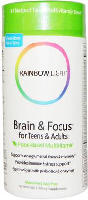 Rainbow Light, Brain & Focus for Teens & Adults, Food-Based Multivitamin, 90 Mini-Tabs ,الفيتامينات، الفيتامينات المتعددة، الأطفال الفيتامينات