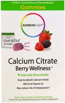 Rainbow Light, Calcium Citrate, Berry Wellness, Gummies, 30 Packets, 2 Gummies Each ,الفيتامينات، فيتامين d3، المكملات الغذائية، المعادن، سيترات الكالسيوم