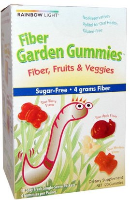 Rainbow Light, Fiber Garden Gummies, Sour Berry, Apple & Mandarin Flavors, 30 Packets, 4 Gummies (8 g) Each ,المكملات الغذائية، والألياف، والمكملات الغذائية الأطفال