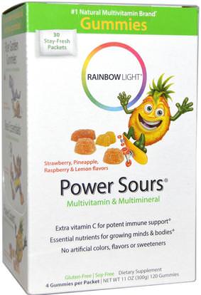 Rainbow Light, Gummy Power Sours, Multivitamin & Multimineral, Strawberry, Pineapple, Raspberry & Lemon Flavors, 30 Packets, (4 Gummies) Each ,الفيتامينات، الفيتامينات المتعددة، الأطفال الفيتامينات، منتجات حساسة للحرارة