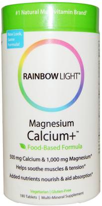 Rainbow Light, Magnesium Calcium+, Food-Based Formula, 180 Tablets ,والملاحق، والمعادن، والكالسيوم والمغنيسيوم، والصحة، والعظم، وهشاشة العظام